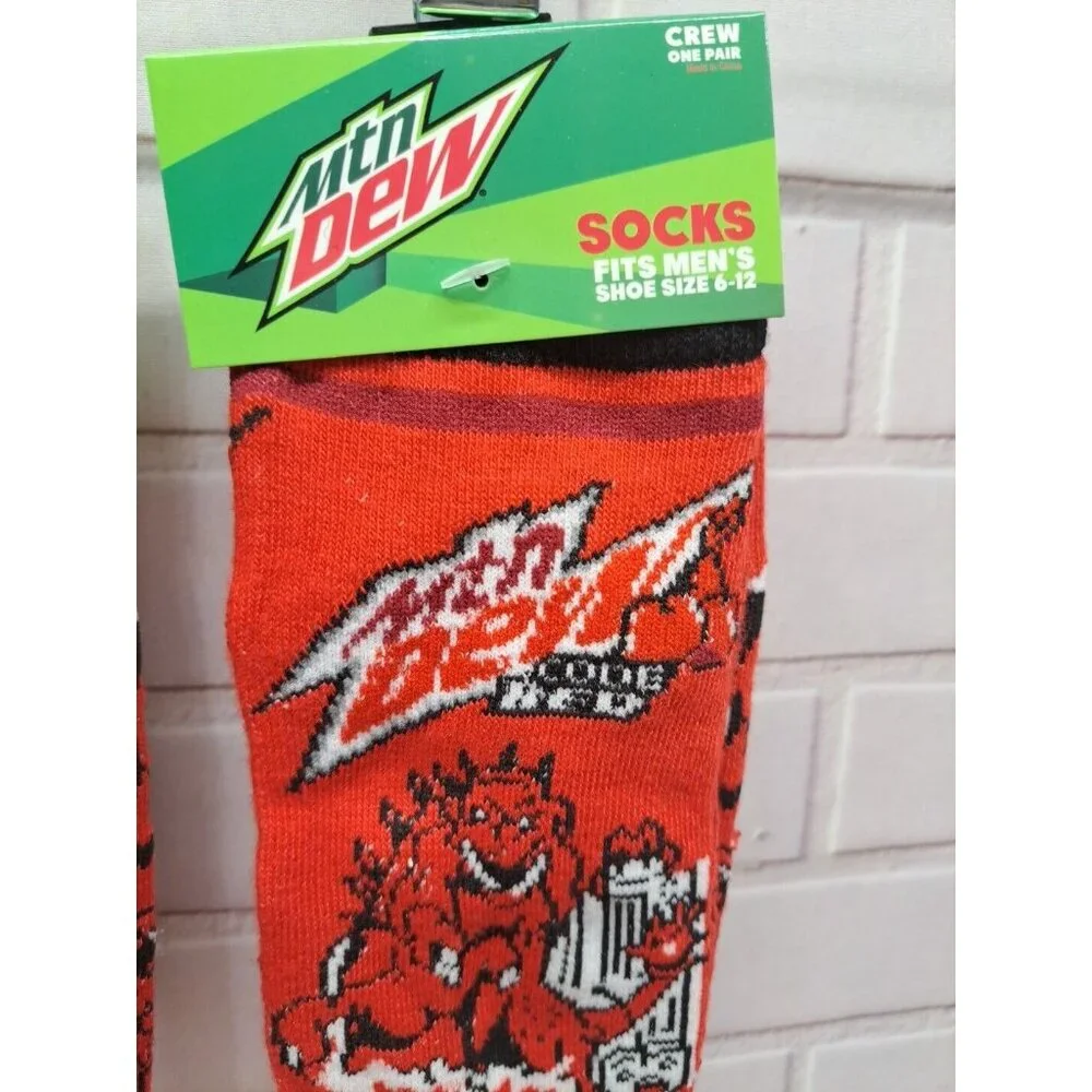 Lot Of 2 Pairs,‎ Mountain Dew Code Red Crew Socks 6-12 Novelty Mtn Dew Graphics
